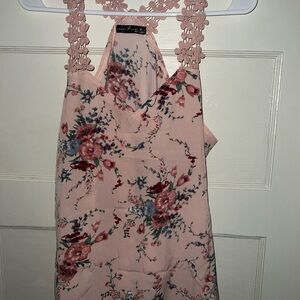 Floral Pink Crochet Strap Tank Dress